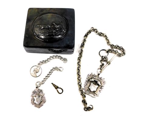 Silver part watch chains, curb link chain, T bar, and two shield fobs, 72g, and a Cornish pewter hunting scene trinket box. 