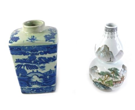A Republic style Chinese double gourd shaped vase, decorated with a rural scene with figures, boats, buildings, etc., square 