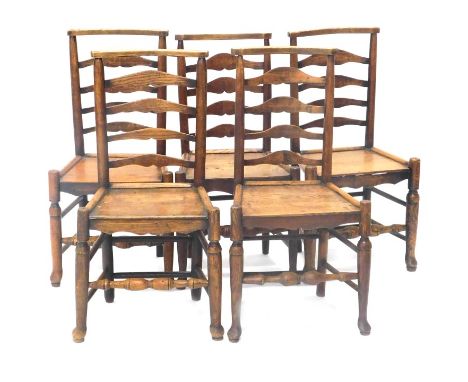 A set of five early 19thC ladder back dining chairs, with boarded seats. 