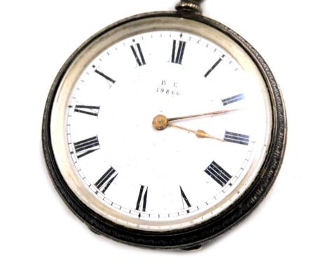 A Victorian silver fob watch, with engine engraved floral case, with a vacant cartouche, white enamel dial with Roman numeral