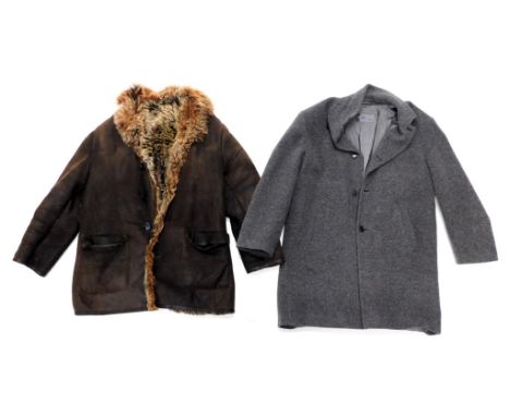 A sheepskin coat with faux fur lining and collar, and a men's reset overcoat. (2)