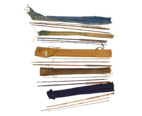 Four vintage split cane and brass fishing rods, various sizes, unmarked. 