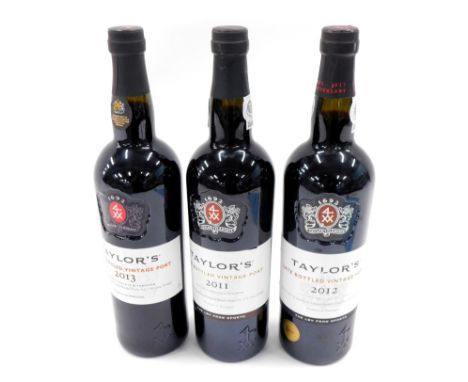 Three bottles of Taylor's Late Bottled Vintage port, 2011, 2012 and 2013. 