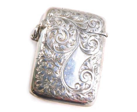 A Edward VII silver Vesta case, with scroll engine engraved decoration and a vacant rectangular cartouche, make S&amp;A, Birm