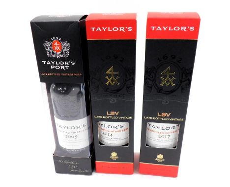 Three bottles of Taylor's Late Bottled Vintage port, 2005, 2014 and 2017, boxed. 