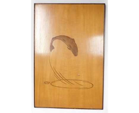 A mid 20thC marquetry picture of leaping salmon, embellished in mother of pearl, on a fiddle maple ground, titled Leaping Sal