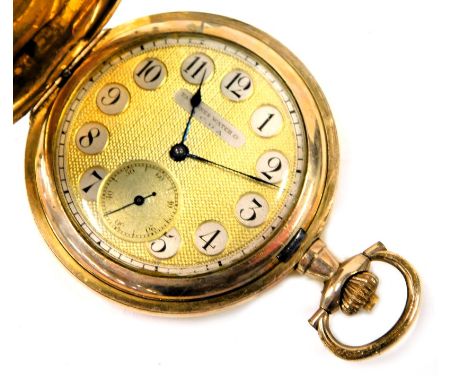 A Tavennes Watch Company gold plated full hunter pocket watch, with engine engraved case, and a golden silvered dial with blu