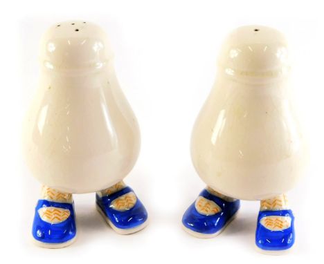 Two Carlton ware porcelain salt and pepper shakers, modelled as walking feet wearing blue shoes, printed marks, 12cm high.