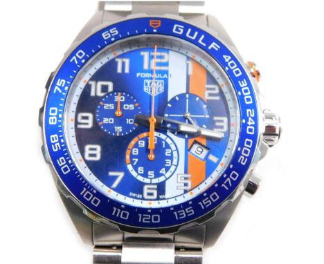 A Tag Heuer Formula 1 Gulf gent's chronograph wristwatch, in stainless steel casing with a dark light blue face and orange st