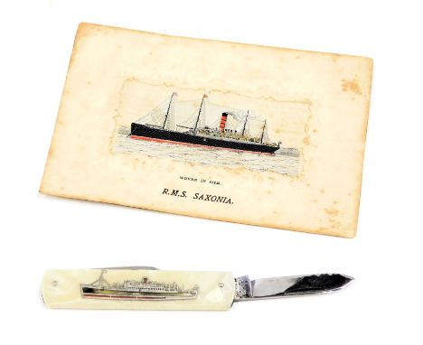 Shipping interest. RMS ephemera, to include RMS Saxonia silk postcard and an RMS Parthia mother of pearl penknife. (2)
