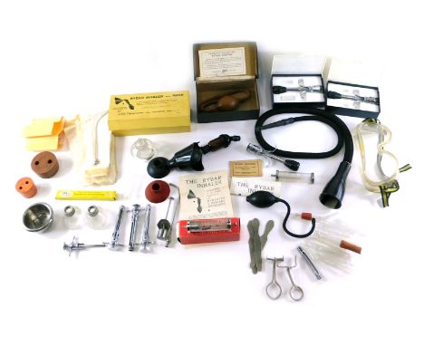 Two boxes containing various items of vintage dental equipment, to include a Rybar inhaler with mask, etc. 
