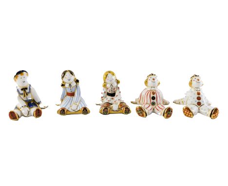 Five Royal Crown Derby porcelain paperweights from the Treasures of Childhood series, comprising Rag Doll, Fleur, Stripy Clow