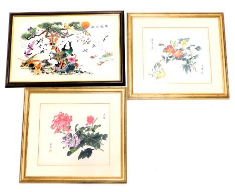 20thC Chinese School. Botanical studies, watercolour, signed with seal mark, a pair, 36cm x 30cm, and an Oriental silk embroi