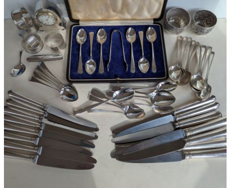 A cased set of six teaspoons and sugar tongs, initialled, hallmarked for Robert Pringle & Sons, 1935; a set of six George III