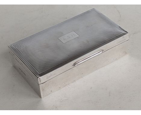 A QEII oblong silver wood-lined cigarette box with engine-turned decoration, initialled, hallmarked S.J.R Sheffield, 1953, 16