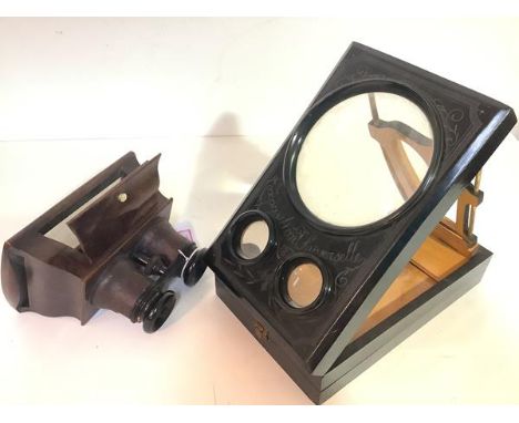 A French table top zograscope, ebonised, inscribed "Exposition Universelle 1878", the twin sections each with easel-back elem