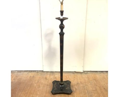 A japanned standard lamp, first quarter of the 20th century, all-over decorated in polychrome and gilt with chinoiserie scene
