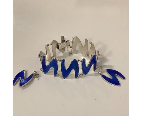 Karl Rasmussen, a Norwegian sterling silver and enamel bracelet, of seven royal blue enamel shaped panels, stamped marks; wit