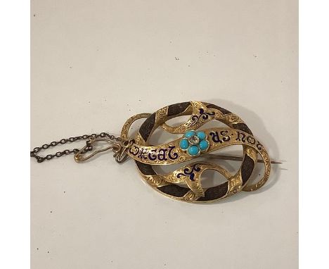 A mid-19th century diamond, turquoise and enamelled gold mourning brooch, centred by a collet-set round old-cut diamond (appr