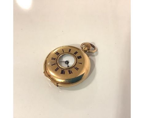 A Swiss lady's 18ct gold half-hunter fob watch, the white enamel dial with Roman numerals, the case stamped 18k, bearing pres