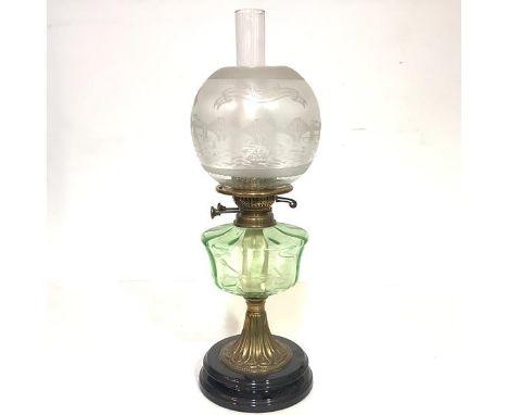 The Forth Rail Bridge: a 19th century brass and glass oil lamp with an unusual commemorative shade, moulded and etched with a