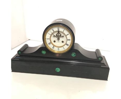 A substantial 19th century malachite-inlaid slate drum-head mantel clock of architectural form, the white enamel chapter ring