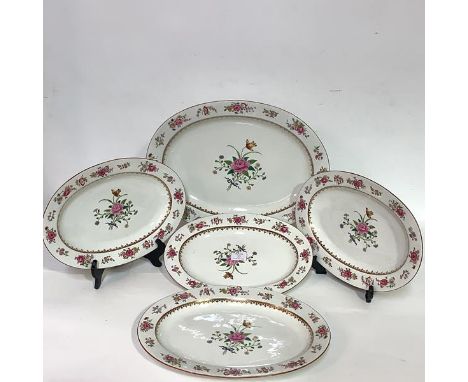 A set of five early 19th century Derby porcelain graduated serving plates, each enamel polychrome painted with floral sprays,