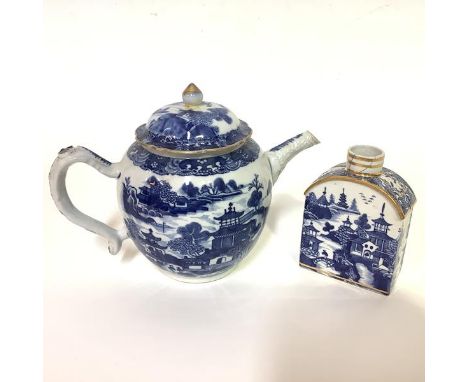 A Chinese Export blue and white teapot, probably late 18th century, enriched with gilding (knop repaired); together with a Ch