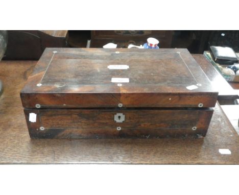 A 19th century rosewood writing slope with inset mother of pearl plaque, inscribed, "A. E. B. from his mother September 13 18