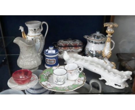 A small Victorian ceramic apothecary pot 'Conf.. Rosae' and a collection of 19th century decorative ceramics