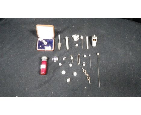 A part set of 9ct gold cufflinks and dress studs, a silver and mother-of-pearl miniature  trowel book mark, a silver topped r