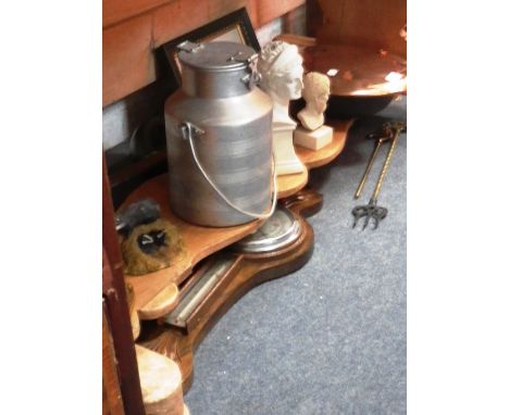 An engraved brass warming pan with steel handle, a barometer and similar items (as lotted)
