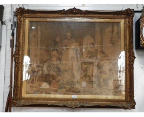 A 19th century tapestry, depicting an historical scene in an elaborate gilt glazed frame