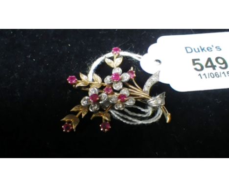 A ruby and diamond flower branch brooch