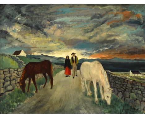 Gerard Dillon (1916-1971) WEST OF IRELAND COUPLE AND HORSES oil on canvas signed lower right; with partial handwritten label 