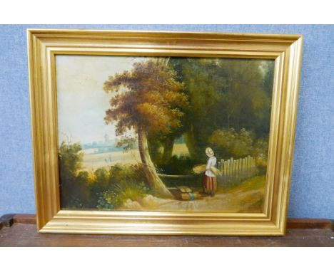 English School (late 19th Century), rural landscape with a lady by a gate, oil on board, framed 