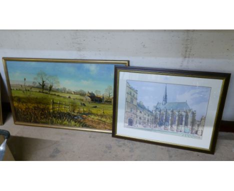 David Short, rural landscape, oil on canvas and a limited edition print of Exeter College, Oxford 