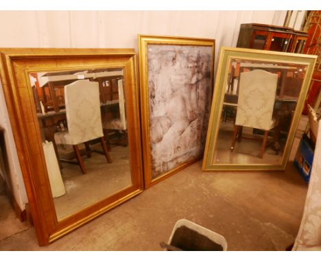 Two gilt framed mirrors and a print 