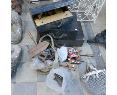 Three vintage toolboxes, with assorted woodworking tools 