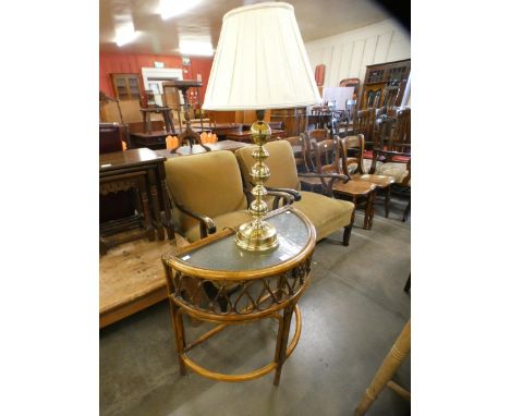 A bamboo demi lune hall table and a brass table lamp 