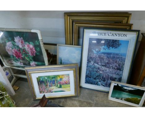Assorted prints, picture frames, a painting and a fire screen 