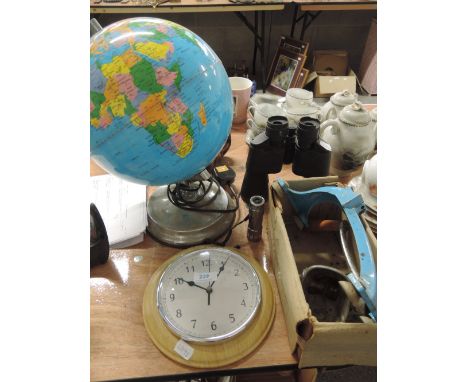 A Spong mincer, globe, wall clock and binoculars etc