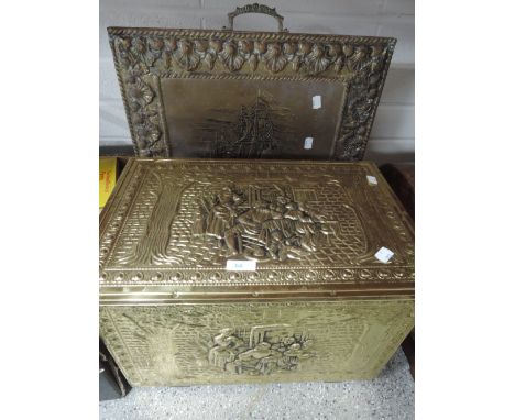 A brass slipper box and fire screen