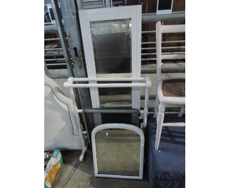 A Victorian painted towel rail, modern fireguard and 2 mirrors