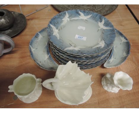 A Royal Worcester fish dish, pot and shell dish, a selection of oriental plates with stork design