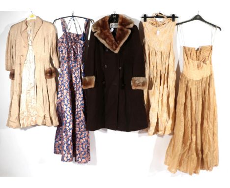 Assorted Circa 1950/60s Evening and Cocktail Dresses, comprising pale gold halter neck brocade dress with gathered skirt; shi