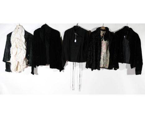 Circa 1920s/30s Velvet Evening Jackets comprising a black grosgrain long sleeved top with a wrap collar, embroidered to the f