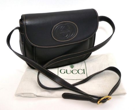 Gucci Chocolate Brown Leather Cross Body Bag, with contrasting brown stitched trim, the flap closure with applied oval fob fe