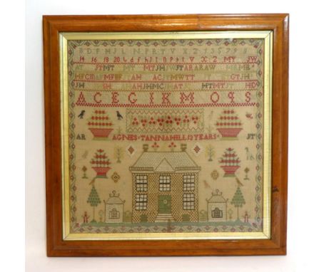 19th Century Scottish Sampler, Worked By Agnes Tannahill, Aged 13 Years, worked with an alphabet and four planters of flowers