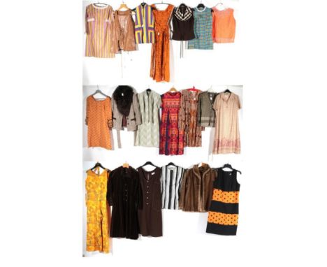 Assorted Circa 1960-70's Day Wear, comprising an early Laura Ashley orange pinafore dress with crochet trim, printed with dra